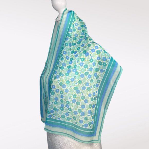 Vintage 60s Glentex Japan Sheer Nylon Floral Scarf Teal Aqua Blue Green Mod - Picture 4 of 10